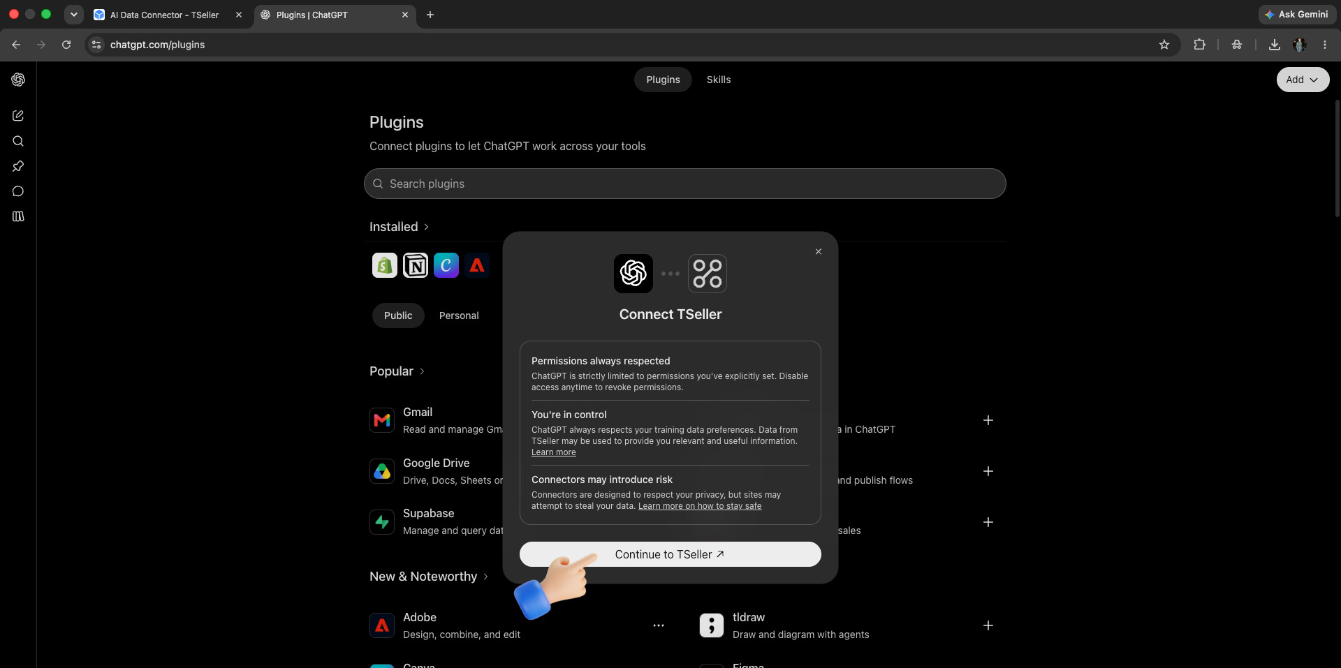 ChatGPT Connect TSeller dialog - Click Continue to TSeller