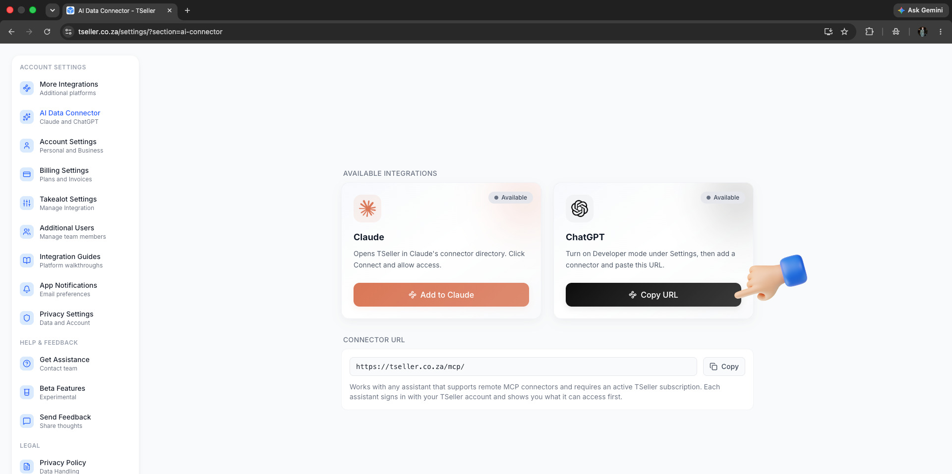 TSeller AI Data Connector - Click Copy URL on the ChatGPT card