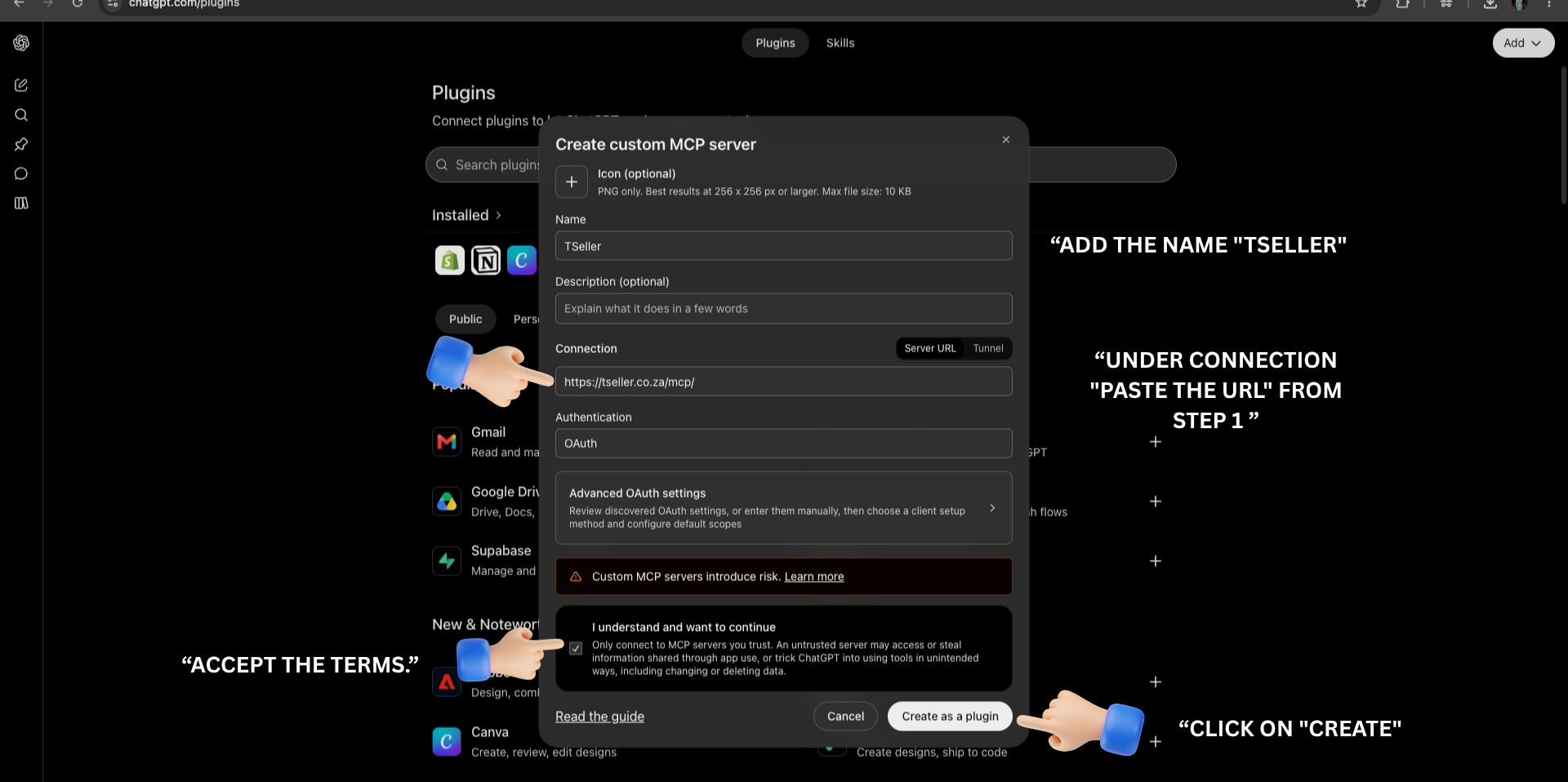 ChatGPT Create custom MCP server form - Name TSeller, server URL, OAuth