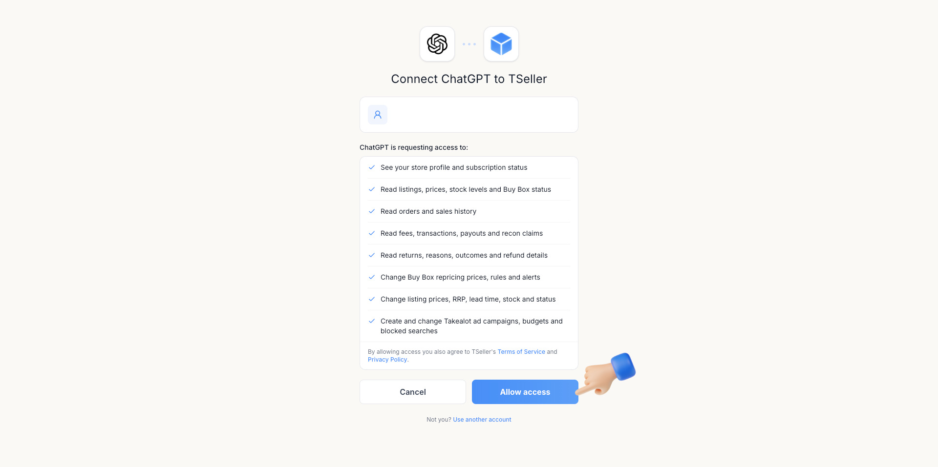 TSeller approval screen - Connect ChatGPT to TSeller with Allow access button