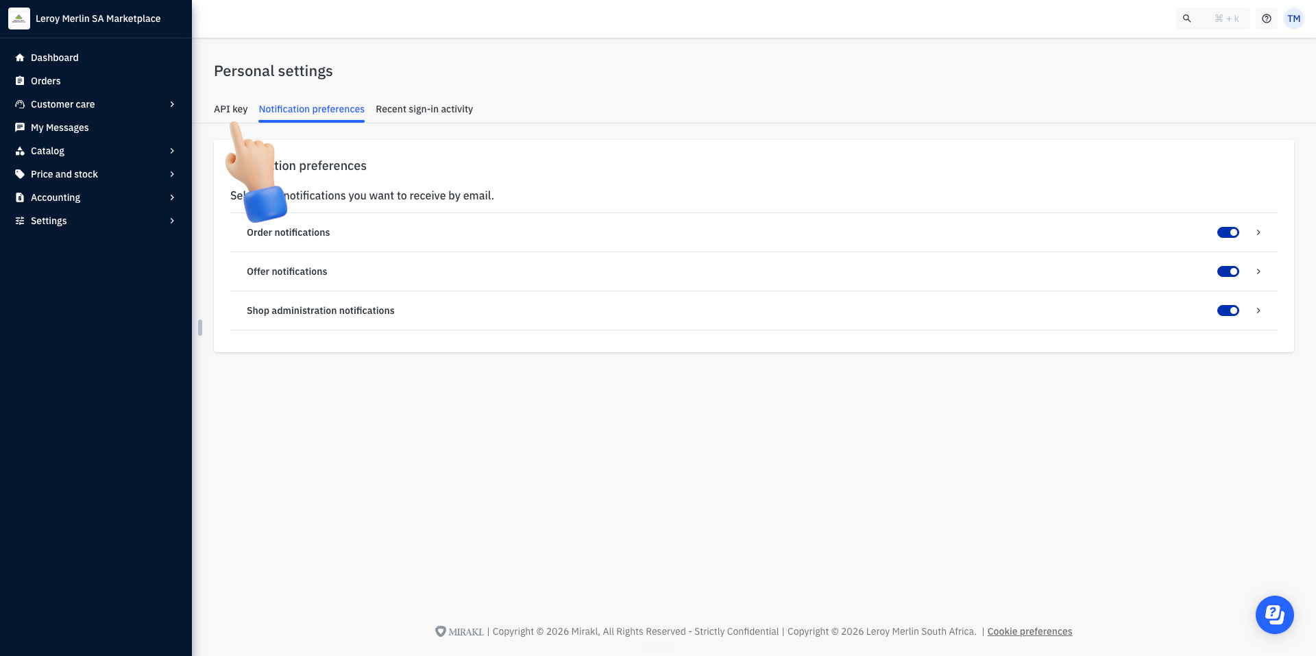 Leroy Merlin Personal settings — click the API key tab