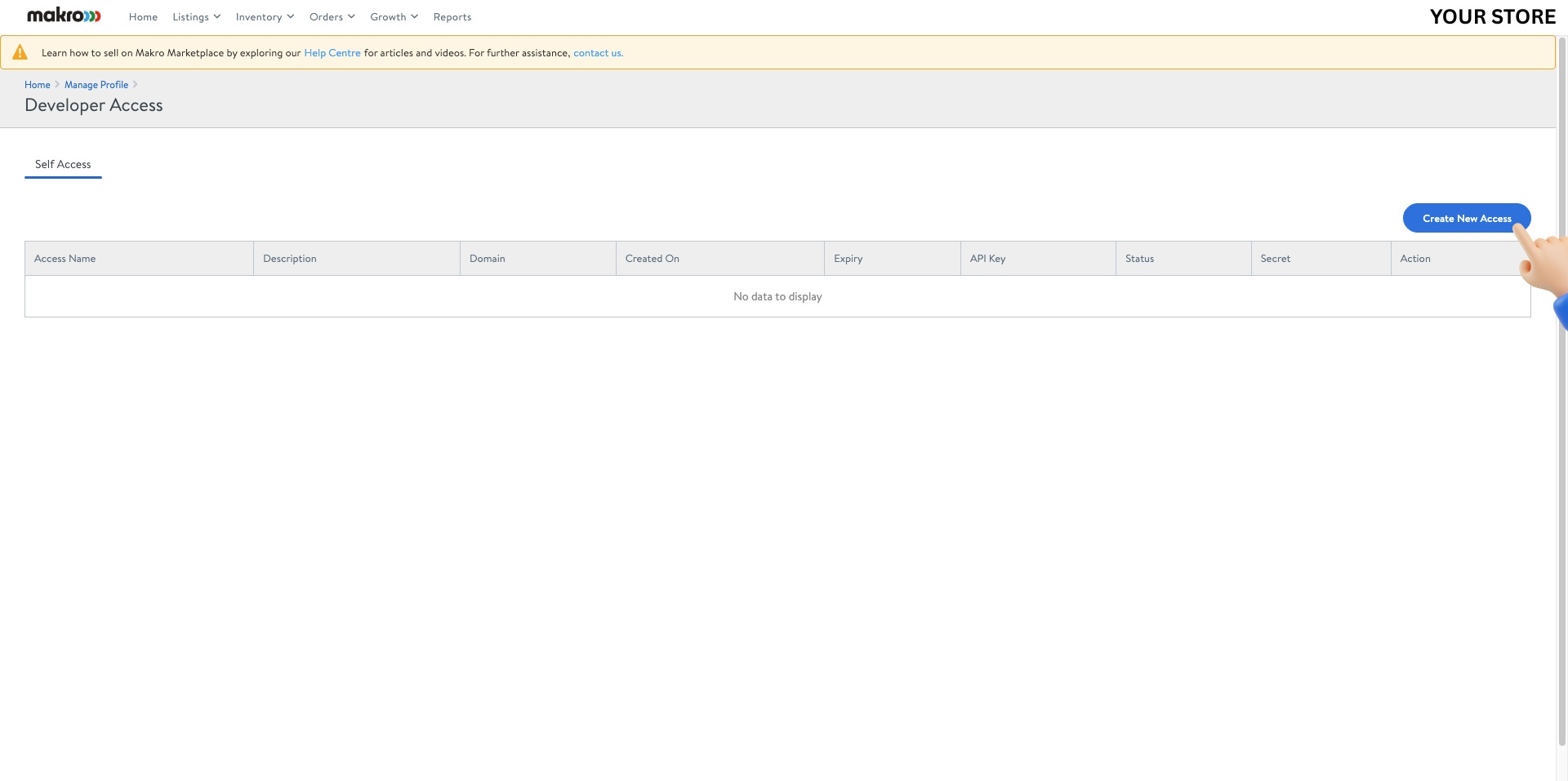 Makro Seller Portal - Developer Access page