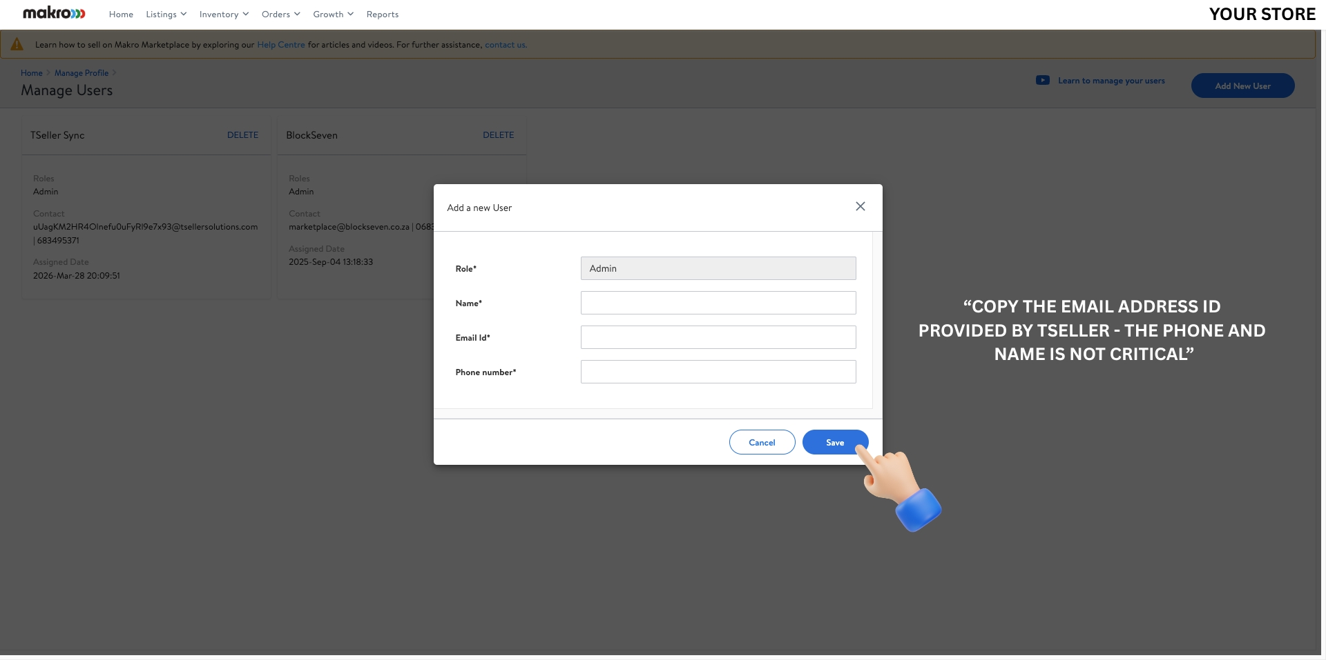 Add new user dialog - Enter TSeller email credentials