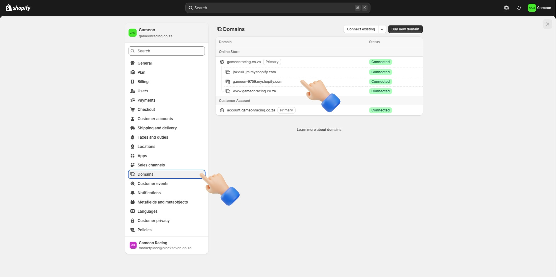 Shopify Admin - Settings - Domains