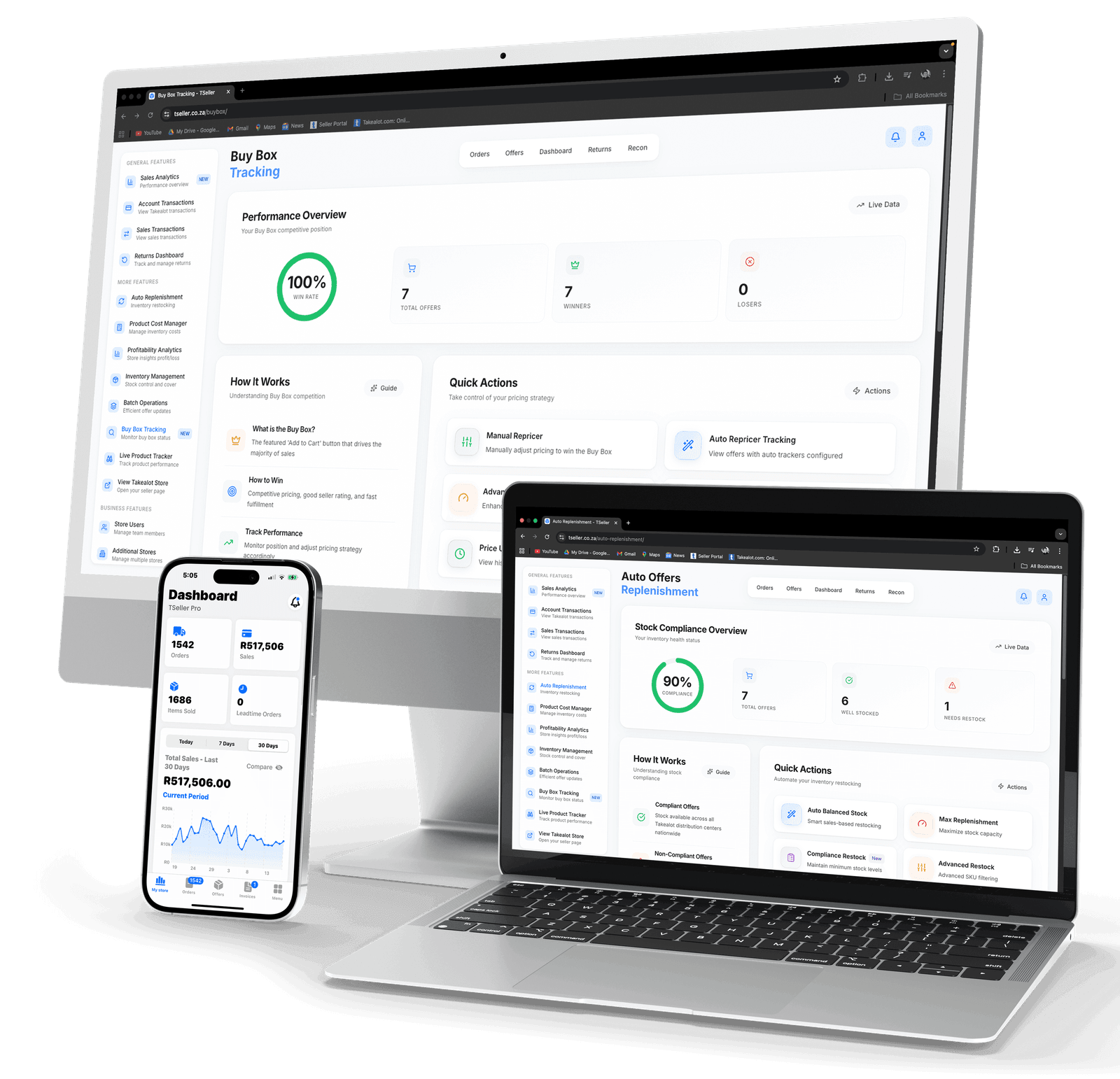 TSeller cross-platform compatibility - web dashboard, iOS app, Android app, and Chrome extension for Takealot sellers