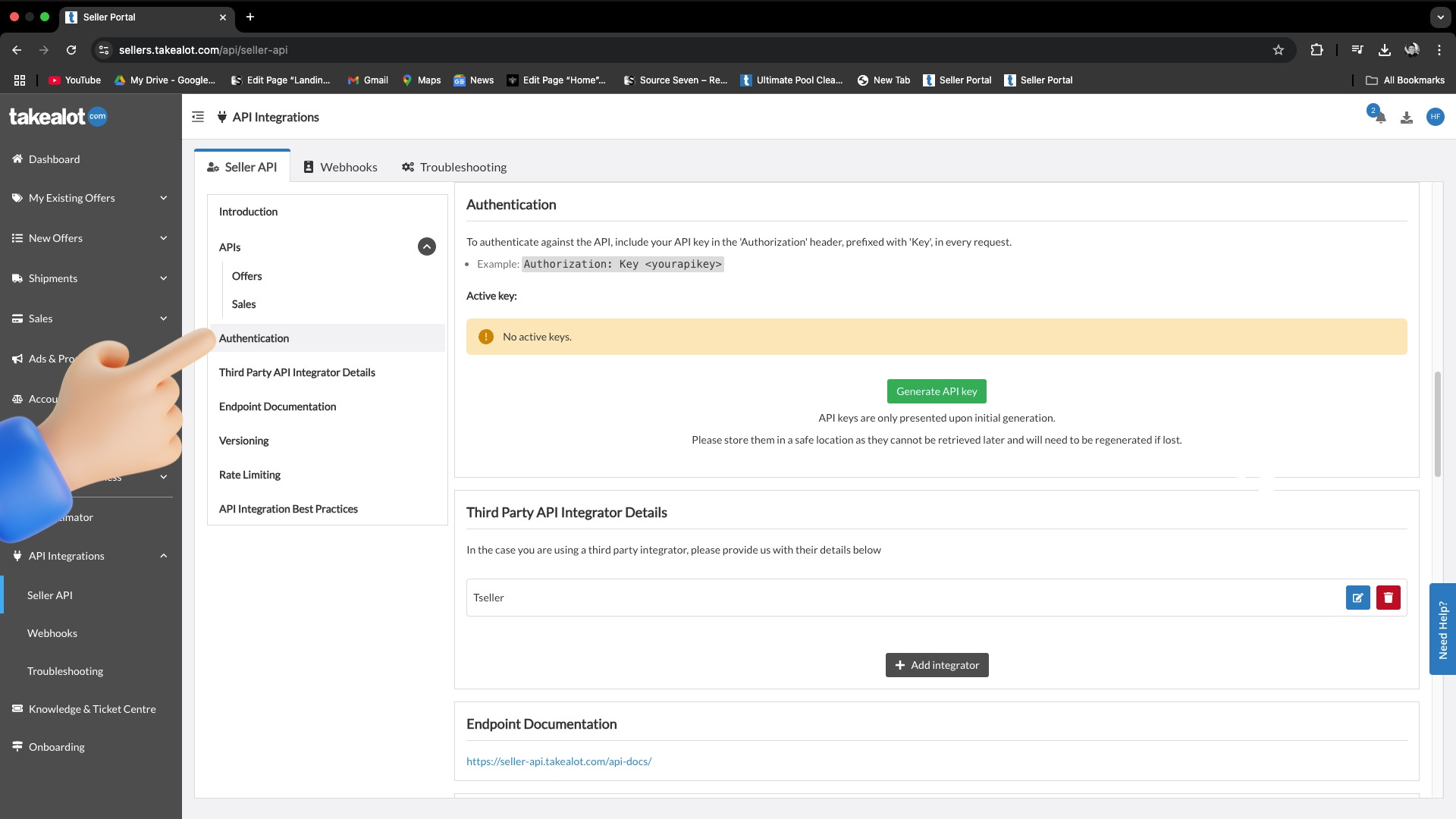 Takealot Seller API menu — click Authentication