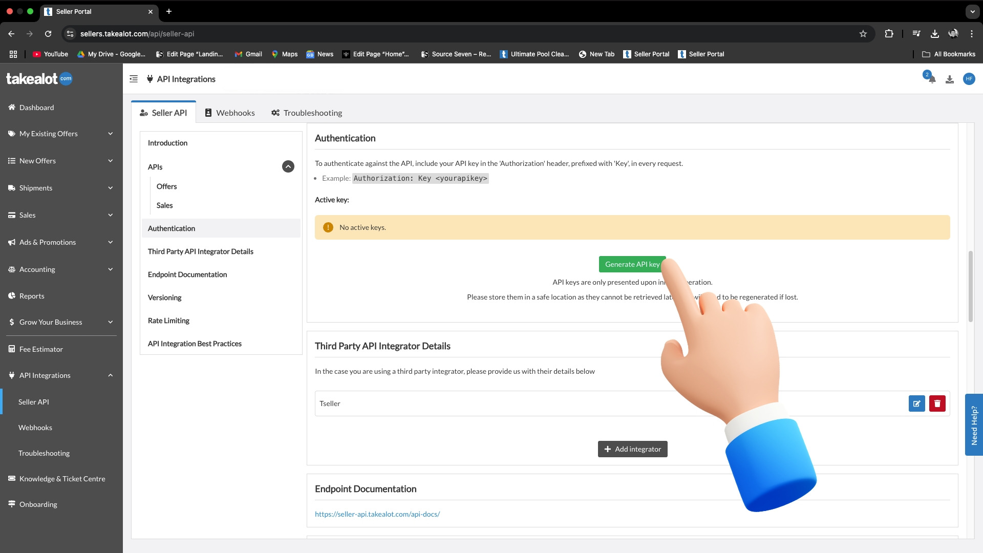 Takealot Authentication — click Generate API key