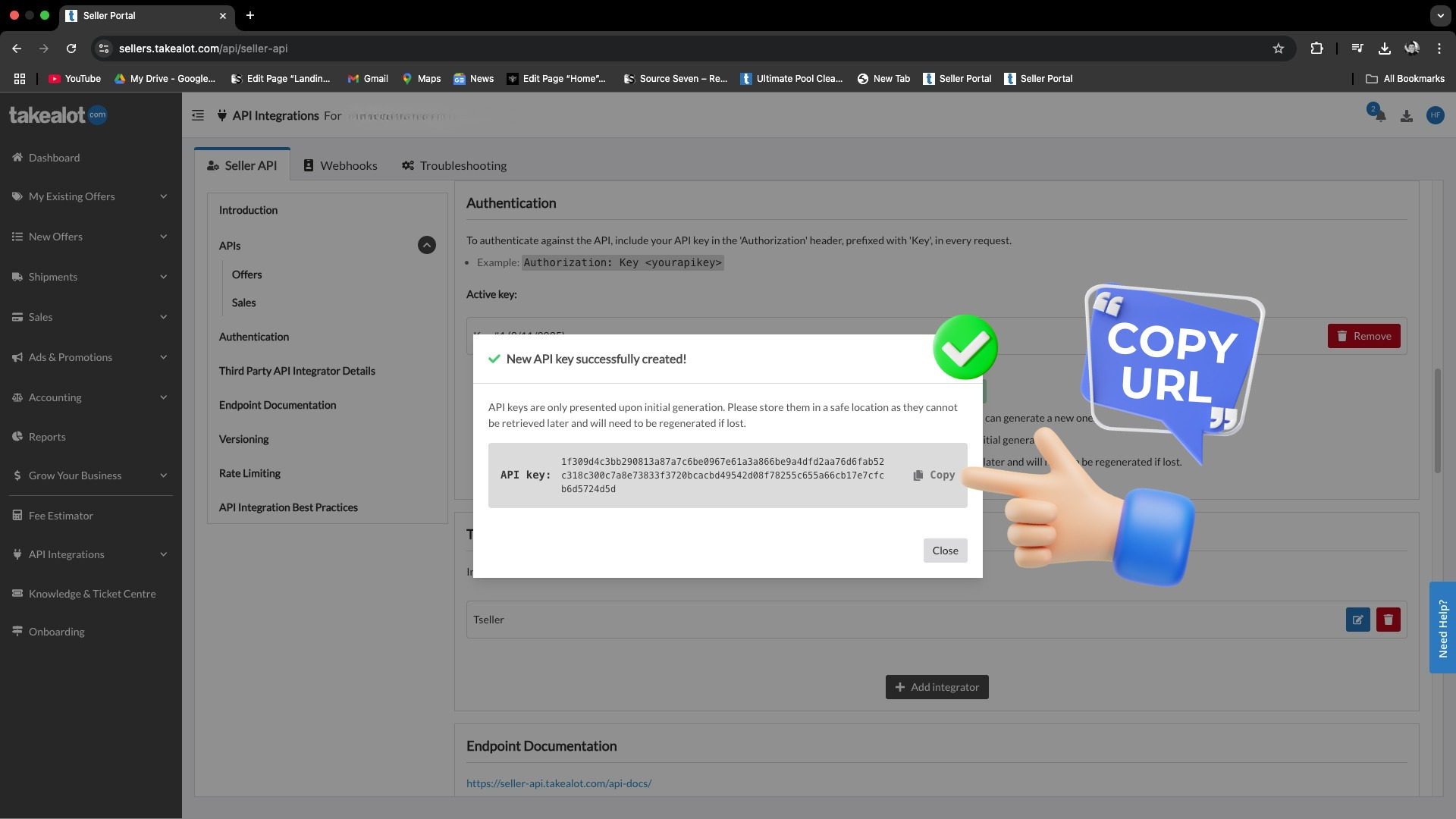 Takealot popup — New API key successfully created, with Copy