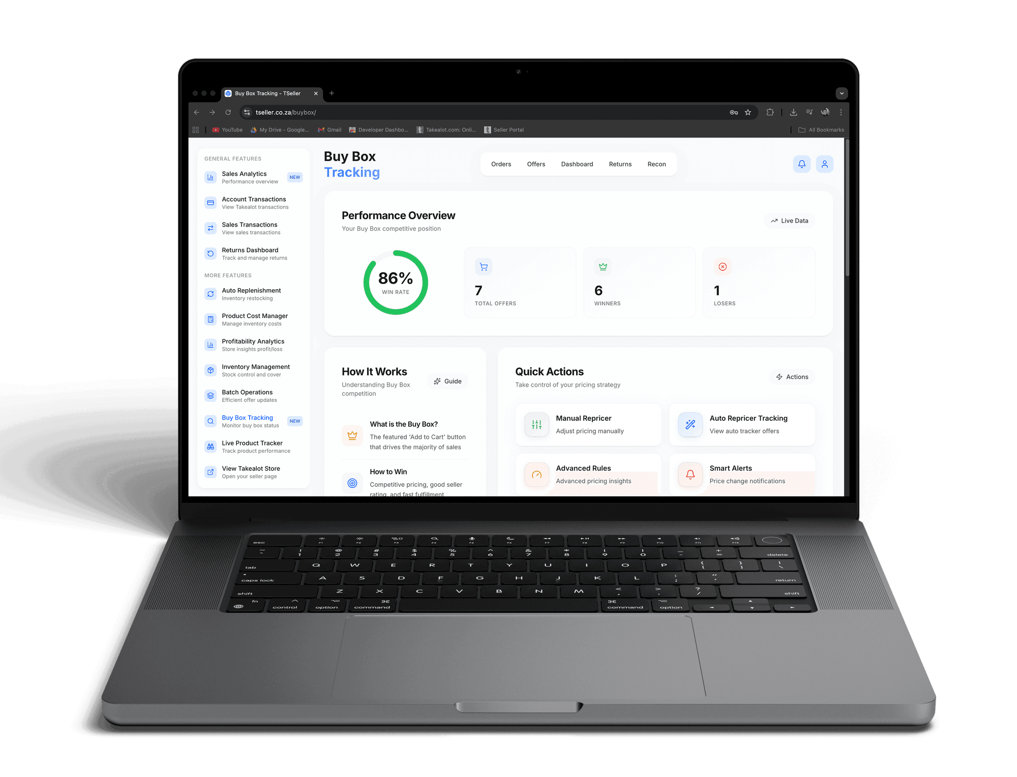 Takealot buy box tracking dashboard with automated repricing and competitor price monitoring every 6 minutes