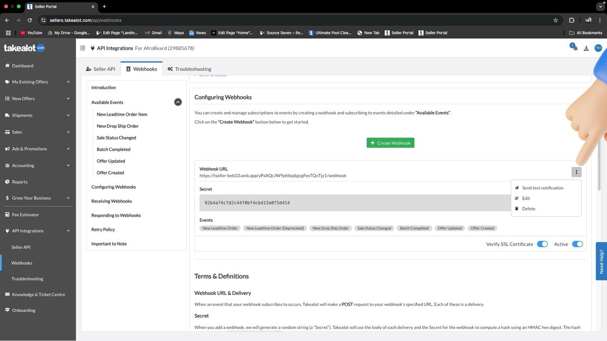 Takealot webhook menu — Send test notification