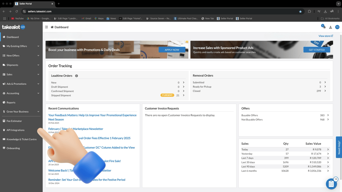 Takealot Seller Portal side menu — click API Integrations