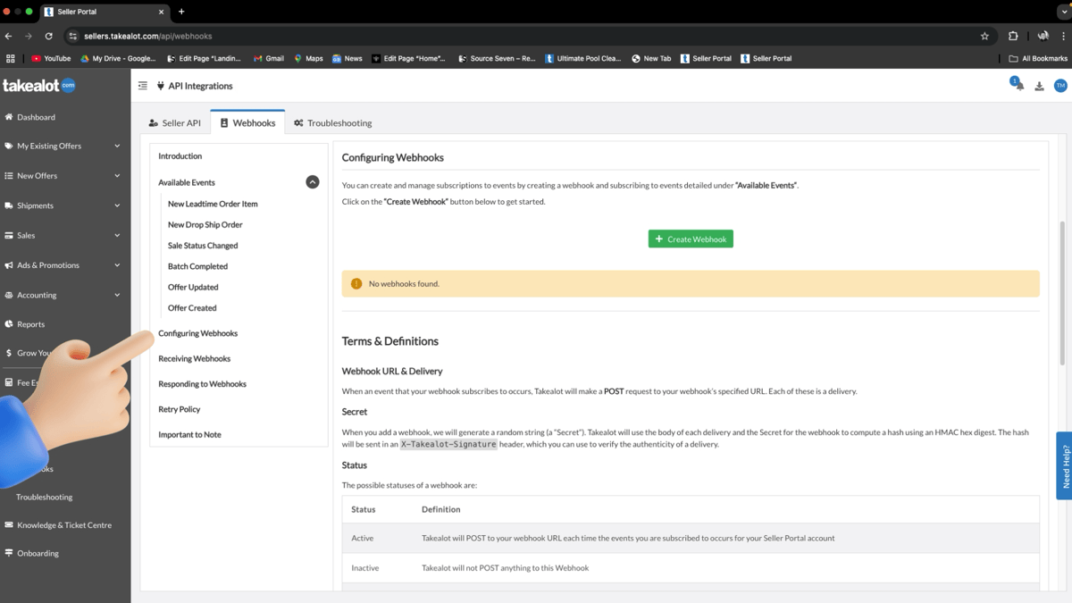 Takealot Webhooks menu — click Configuring Webhooks