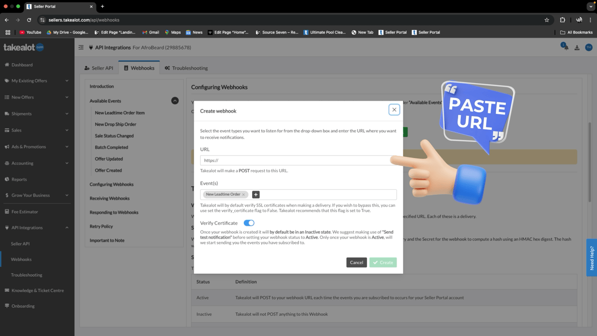 Takealot Create webhook dialog — paste the URL