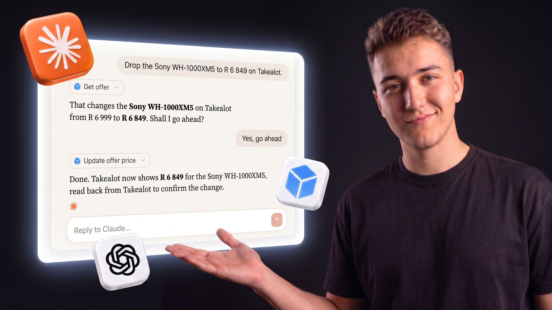 TSeller AI connector for Claude and ChatGPT — an MCP connector that lets South African sellers ask about their Takealot, Makro, Amazon and Shopify stores in plain language, with Claude confirming a Takealot price change before TSeller updates the listing and reads it back from Takealot